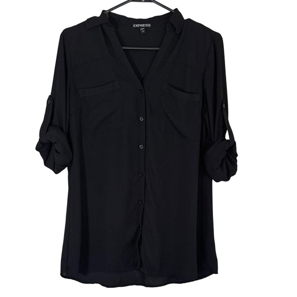 Express Black Roll Tab Long Sleeve Classic Collared Button Up Shirt Size Small - Picture 4 of 4